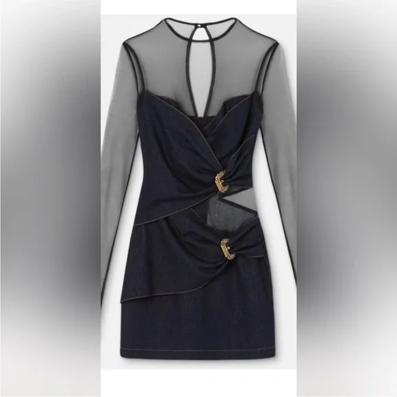 Versace denim stretch mesh black dress 8/10